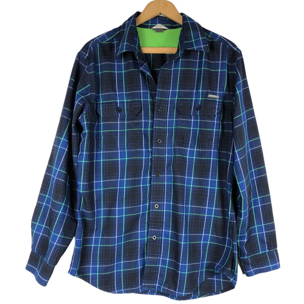 Eddie Bauer Navy and Teal Plaid Button Down Shirt